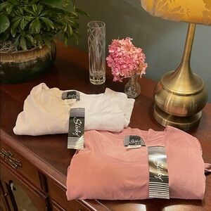 2 Womens tops, by “Slinky”, round neck, 3/4 sleeves, (1 white & 1 pink), Size 2X